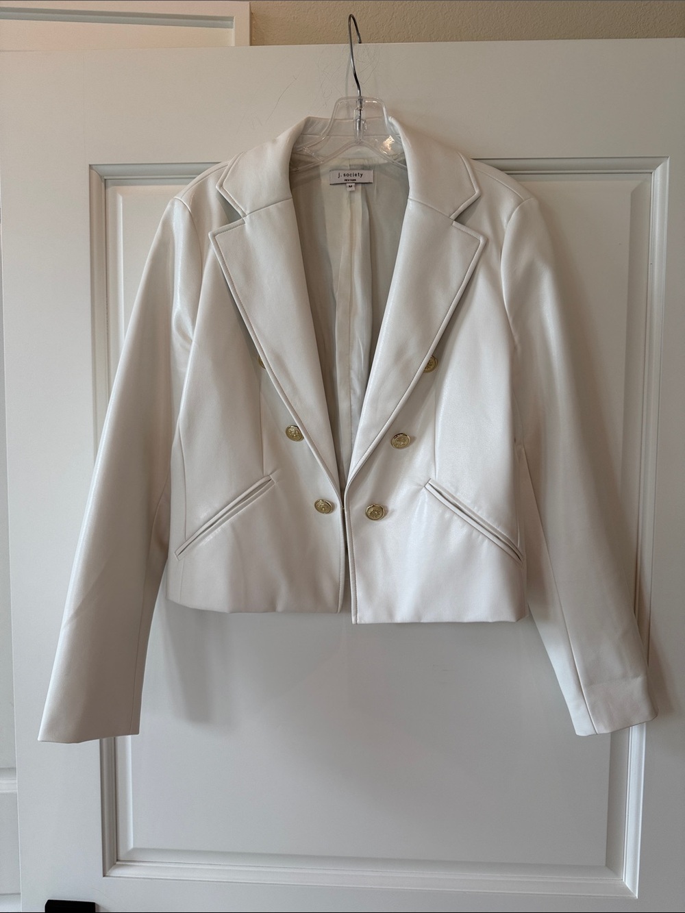 Cropped Double-Breasted White Faux Leather Blazer - NWOT Size M